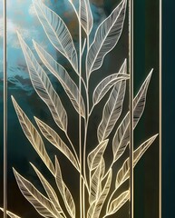 Glowing botanical stems shining softly within reflective teal background creating modern artistic luxury panel
