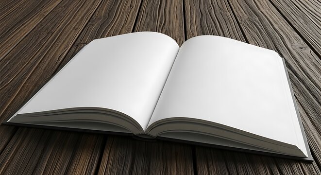 Open blank book or notebook with empty pages on a rustic dark wooden table, perfect for custom text and design