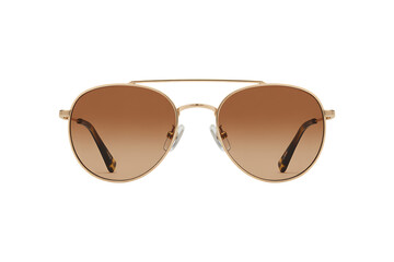 A pair of gold-framed aviator sunglasses with brown gradient lenses.