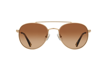 A pair of gold-framed aviator sunglasses with brown gradient lenses.