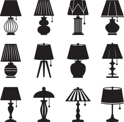 Black and White Silhouette Illustration of Table Lamp Designs Classic Modern Geometric Cylindrical Tripod Ceramic Metallic Wooden Art Deco Minimal