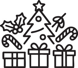 Christmas tree candy cane holly and gift icons vector
