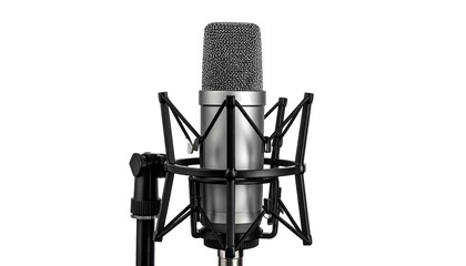 Studio microphone featuring a silver body and black shock mount against a plain white background