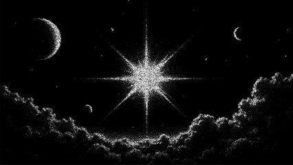 Bright star surrounded by a dark night sky, with crescent moons and stippled clouds. Cosmic space vector background for design. © hiten666