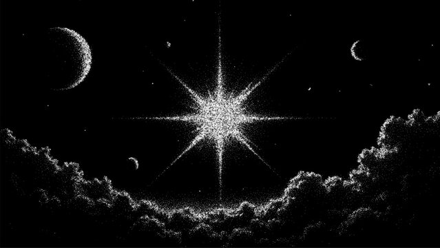 Bright star surrounded by a dark night sky, with crescent moons and stippled clouds. Cosmic space vector background for design.
