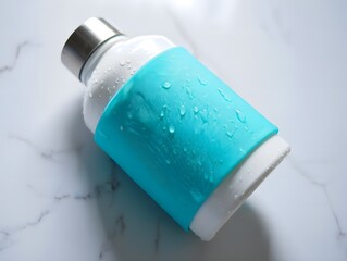 Glass water bottle with teal silicone sleeve and water droplets