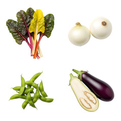 A selection of fresh vegetables including chard, onions, edamame, and eggplant isolated on white isolated on transparent background