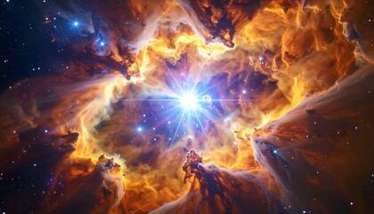 Swirling, golden, nebula of cosmic dust and gas illuminated by a central bright star, with a sprinkling of smaller stars