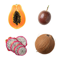 Assortment of tropical fruits including papaya, passion fruit, dragon fruit, and coconut isolated on transparent background