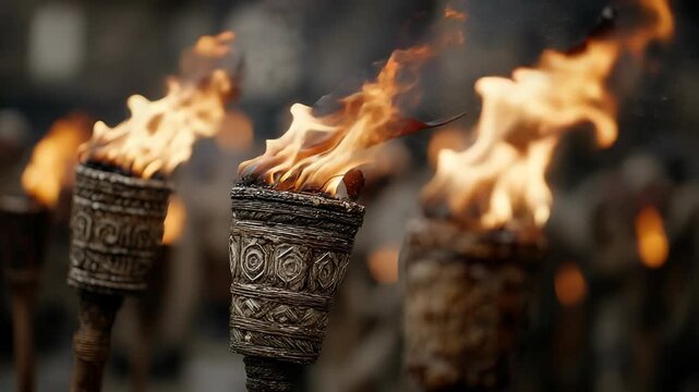 Ornate Torches Burning Brightly: Flames, Smoke, and Intricate Designs in a Dramatic, Atmospheric Setting.