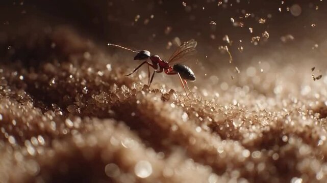 A winged ant navigates a sugary landscape searching for sweetness with a macro lens and warm golden