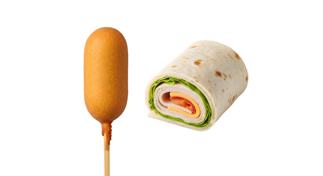 Corn dog and turkey and cheese wrap sandwich isolated on transparent background