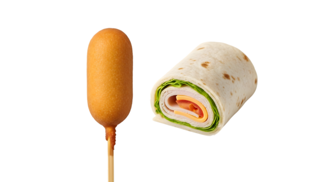 Corn dog and turkey and cheese wrap sandwich isolated on transparent background