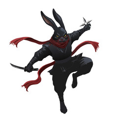 Fototapeta premium Black rabbit ninja character in a dynamic pose, holding a sword and shuriken, with a flowing red scarf.