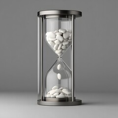 Hourglass filled with white pills symbolizing time and medication