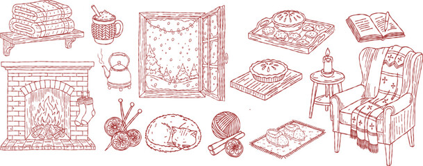 Obraz premium Whimsical christmas holiday winter line hand drawing, sketch doodle decoration set, cozy home, fireplace, armchair, sleeping cat, knitting and window view vector illustration