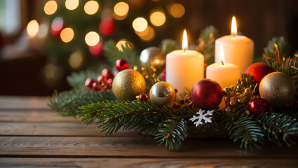 Cozy christmas candles and ornaments create a warm, festive atmosphere
