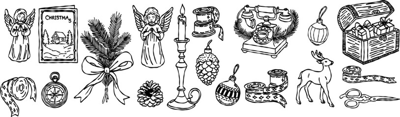 Whimsical christmas holiday winter line hand drawing with sketch doodle decoration set, vintage angel reindeer, festive graphic element vector illustration