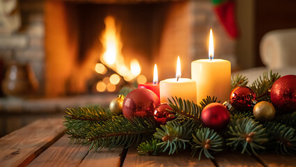 Cozy christmas candles and ornaments create a warm, festive atmosphere