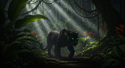 Majestic black panther prowls through lush jungle foliage, glowing eyes piercing the shadows, creating a sense of mystery and power in the tropical wilderness