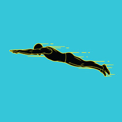 A black silhouette of a swimmer in a streamlined position with yellow speed lines on a vibrant blue background, depicting motion and speed.