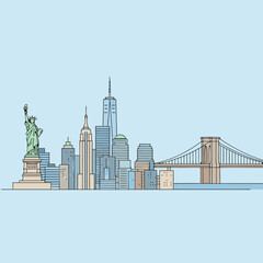 Obraz premium A minimalist line art illustration of the iconic New York City skyline featuring the Statue of Liberty, famous skyscrapers, and the Brooklyn Bridge against a light blue background.