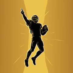 A silhouette of an American football player celebrating a victory under golden spotlights with dynamic energy.