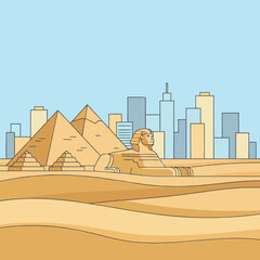 Illustration of ancient Egyptian pyramids and the Sphinx in a desert landscape with a modern city skyline in the background.