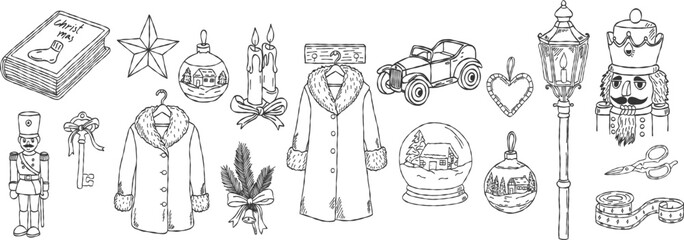 Festive winter holiday sketch bundle hand drawn. Vintage coat, nutcracker street lamp and whimsical christmas decoration doodle vector illustration