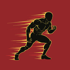 Dynamic silhouette of a muscular man running at high speed with vibrant yellow and orange motion lines on a red background.