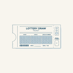 A clean, minimalist illustration of a lottery draw ticket with multiple game sections and bonus numbers, presented in a light blue and beige color scheme.