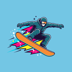 A cartoon illustration of a snowboarder performing a jump with colorful speed effects on a light blue background.