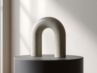 Minimalist arch sculpture on pedestal with soft light