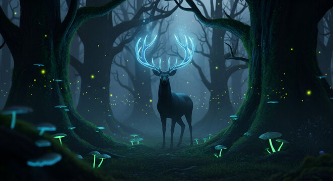 Enchanted forest scene with glowing deer antlers and luminescent mushrooms, evoking fantasy and wonder, perfect for magical storytelling and adventurous dreams - Powered by Adobe