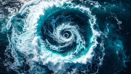 Swirling ocean vortex, aquamarine hues, white foamy edges, textured view