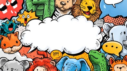 Vibrant Comic Style Animal Icons with Empty Speech Bubbles in Colorful Collage Design