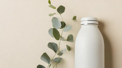 A bottle of water sits next to a green plant, ready for use or refreshment