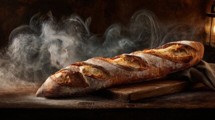 Smoky Baguette on Wooden Board with Moody European Bakery Vibe in Dark Backdrop