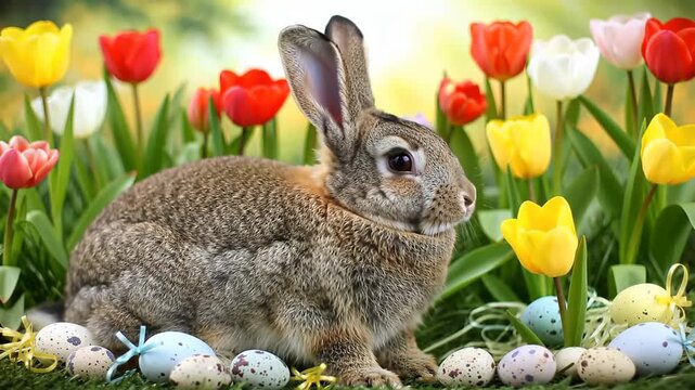 Easter Bunny among tulips and eggs in a spring garden scene, for holiday design