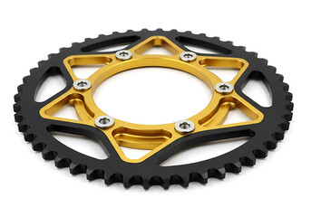 Gold and black motorcycle sprocket isolated on white