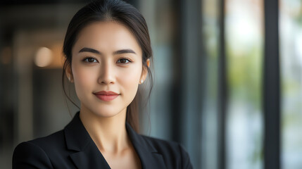 Naklejka premium Businesswoman looking confident with relaxed expression, sharp DSLR tone