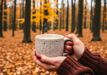 Woman holding a warm cup of coffee in an autumn forest with fall foliage