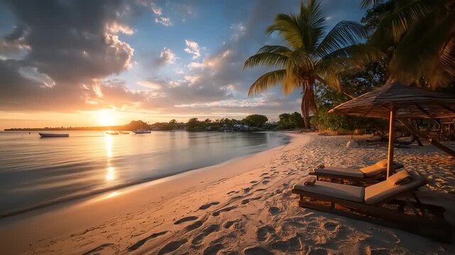 Tranquil beach scene at sunset lounge chairs palm trees and ocean view