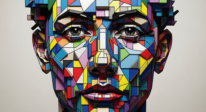 A modern digital portrait constructed from a mosaic of colorful geometric shapes, creating a futuristic and abstract cubist-style face