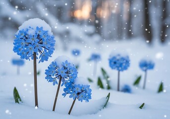 Blue allium flowers covered in snow during a winter snowfall