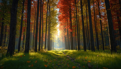 Fototapeta premium A vibrant late summer forest illuminated by warm sunlight, with a scenic pathway leading through colorful foliage