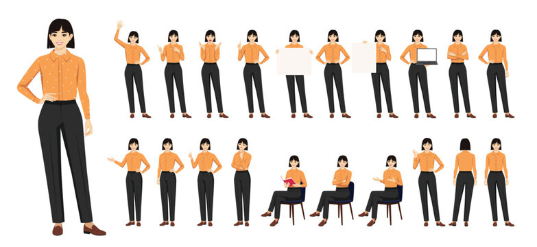 Big set of young businesswoman character with short hairstyle in different poses. Various gestures female character standing and sitting on the chair. Isolated vector illustration