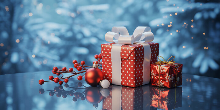Festive Christmas gifts, red ornaments, and holly berries on a reflective surface against a bokeh background. Perfect for holiday marketing and seasonal promotions.