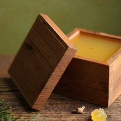Open wooden box filled with golden yellow substance on a rustic table