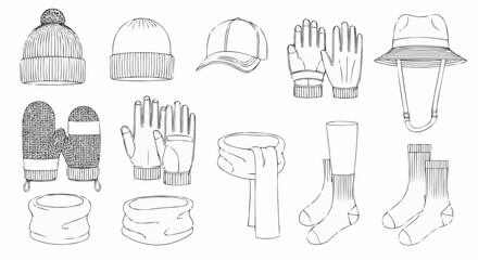 Collection of Hand-Drawn Winter Accessories - Hats, Gloves, Scarves, and Socks.